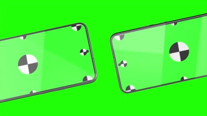 两款绿色背景智能手机的3D渲染。在屏幕中旋转。带有绿色屏幕，便于键控。计算机生成的图像。易于定制。