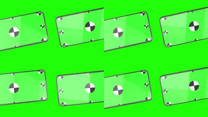 两款绿色背景智能手机的3D渲染。在屏幕中旋转。带有绿色屏幕，便于键控。计算机生成的图像。易于定制。