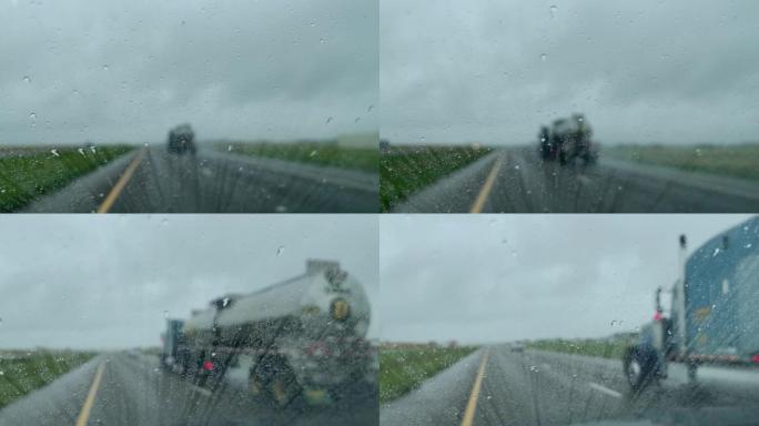 通过半油罐车实时多雨和暴风雨的70号州际公路在美国中西部旅行春末POV从移动汽车视频系列