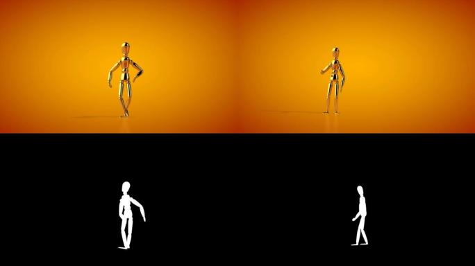 有趣的金色人体模型做机器人舞蹈，无缝循环，亮度哑光