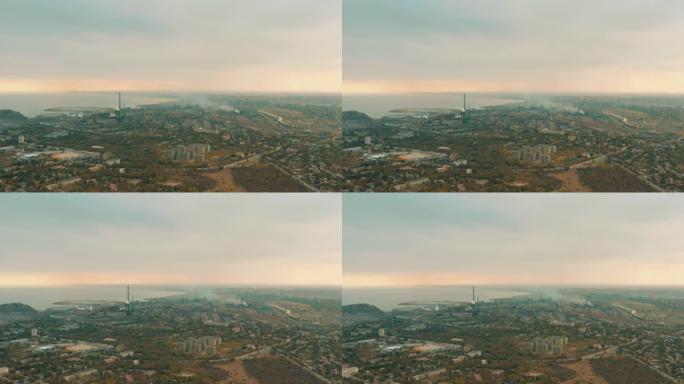 夏季的工业城市马里乌波尔。和平时期飞越城市。