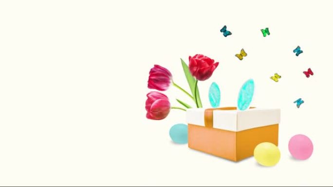 复活节背景，有礼品盒、鲜花、彩蛋和蝴蝶