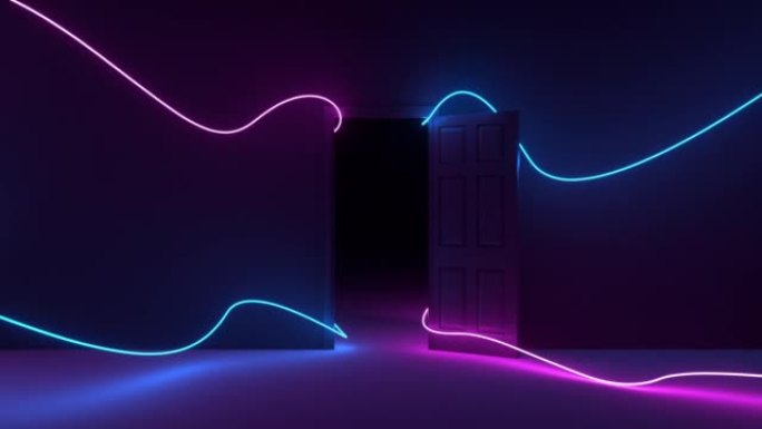 一扇门通向房间的黑暗，被霓虹灯或led灯的抽象效果照亮。4k无缝循环运动背景动画。没有焦点。机会、选