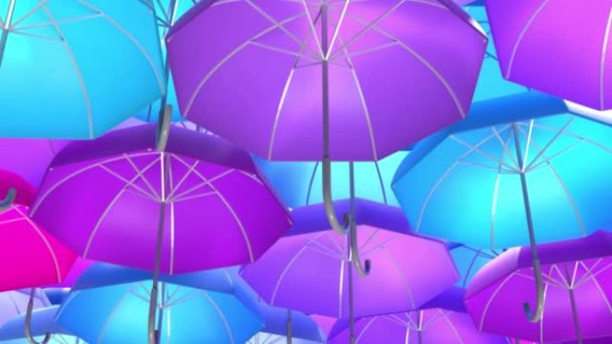 4k分辨率挂在顶部的彩色雨伞的3D抽象背景设计