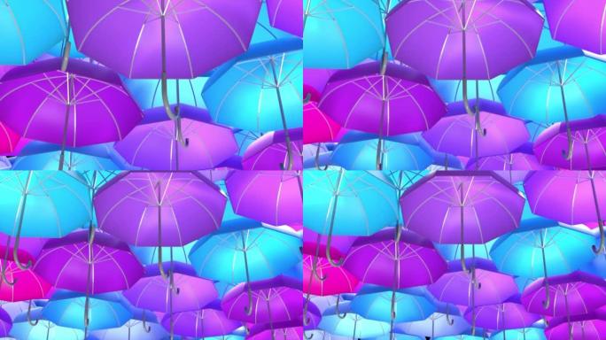 4k分辨率挂在顶部的彩色雨伞的3D抽象背景设计