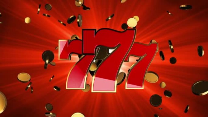 老虎机上的Big win Jackpot的3D动画，带有飞舞的金币和红色闪亮的背景。插槽上的777头