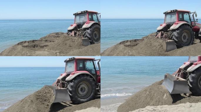 海滩再生工程中的拖拉机移动沙子