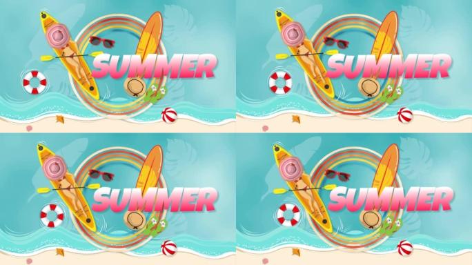 4K.夏季卡通动画背景概念。穿着比基尼放松性感的女人在海边的船上晒日光浴，夏天在热带海滩上有波纹波，