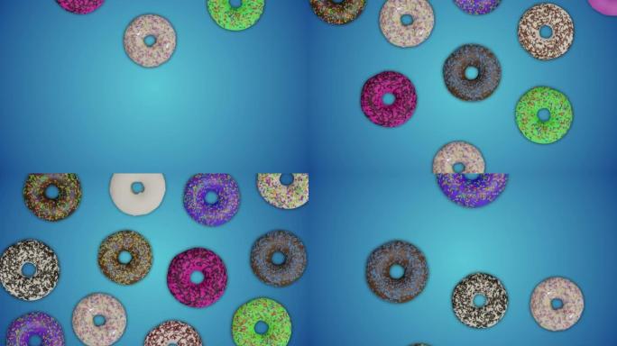 动画许多彩色甜甜圈在蓝色抽象背景上向下移动
