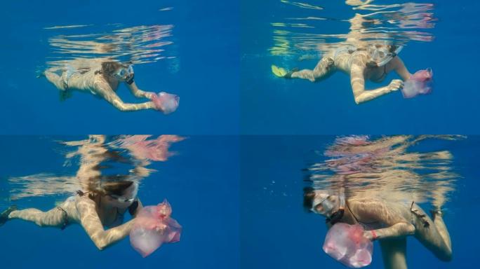 女人游泳并在水下收集塑料垃圾清理漂浮在海里的肮脏废弃塑料垃圾。女性浮潜者在水面下捕捉塑料垃圾。海洋的