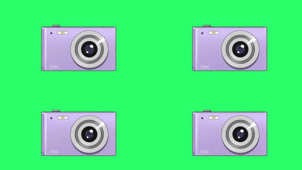 绿色背景上的动画紫色相机。