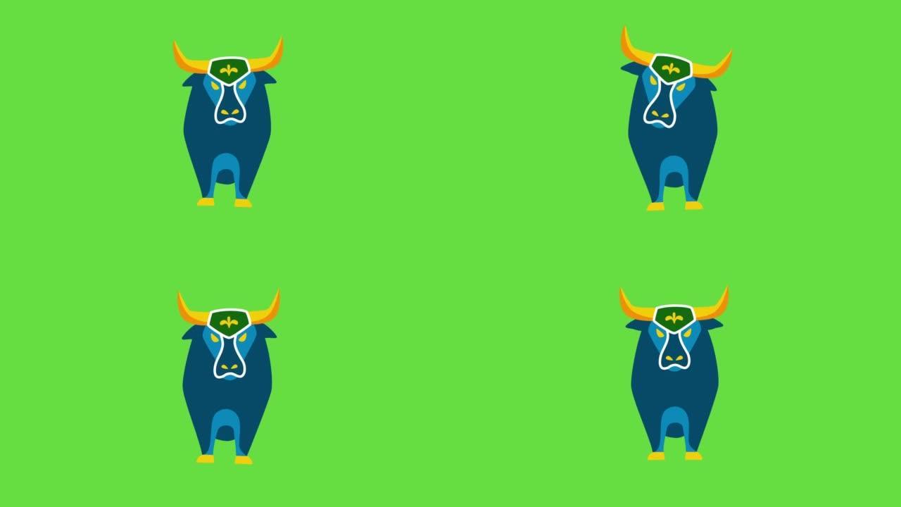 绿色背景上的卡通蓝牛4k视频。