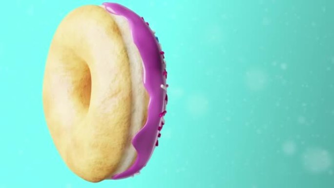 一个甜甜圈旋转着紫色糖霜，撒在蓝色背景上。柔和的颜色。3D循环动画