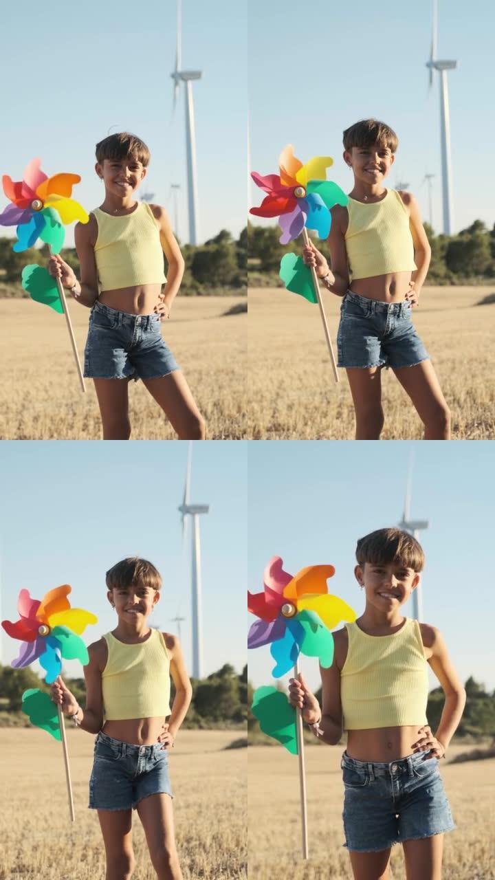 在风电场中使用玩具风车的年轻激进主义者-未来的打样概念