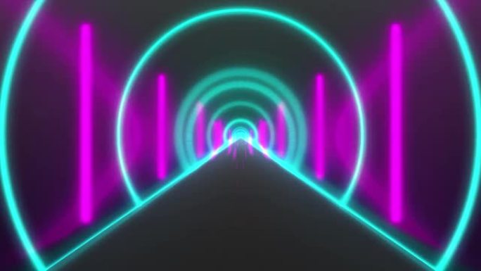 4k绿松石和粉色径向氖数字环路隧道。未来派霓虹灯紫外线荧光隧道动画黑色背景。穿越明亮的走廊，抽象的背