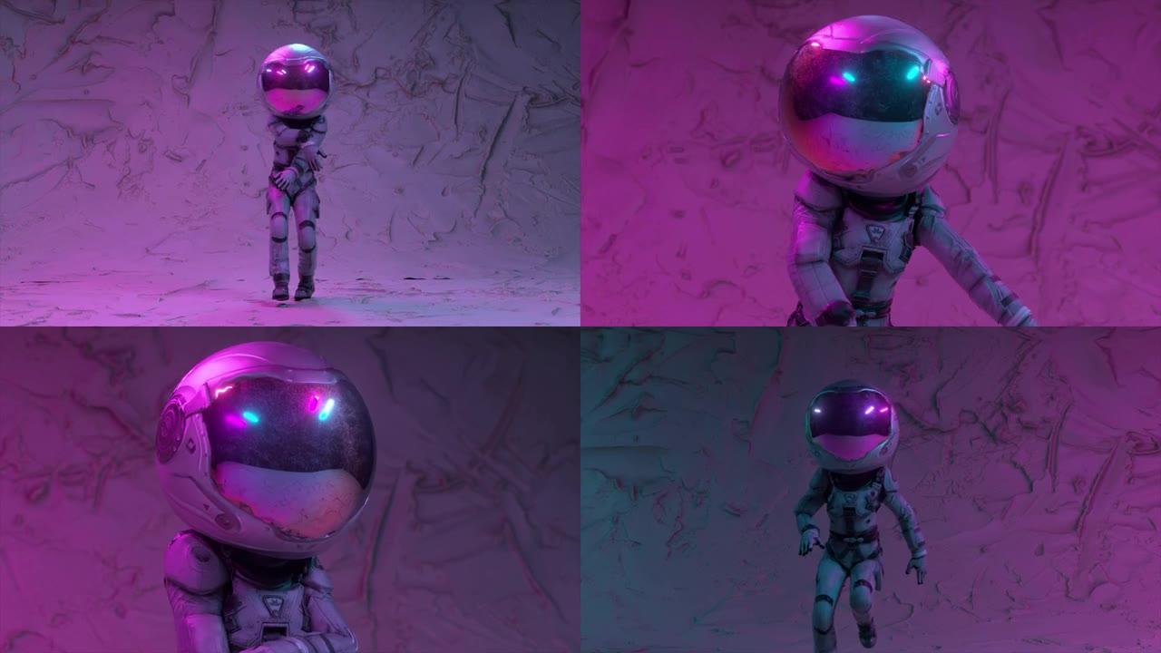 戴着大头盔的赛博朋克宇航员在迪斯科舞厅的背景下跳舞。霓虹灯。闪光灯。特写