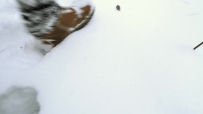冬天，一个穿着棕色靴子的男人在霜冻中穿过大片雪堆