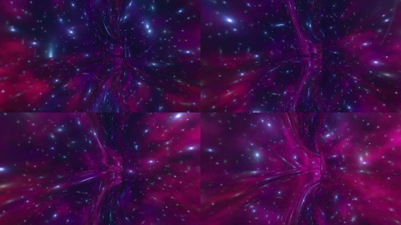 紫色宇宙星空背景上的虫洞3d 4k动画快速飞行。快速互联网、超空间或传送的概念