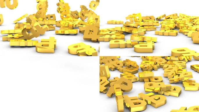 大量的卢布货币符号落到地板上并散布。失败和暴跌的象征。一组两个不同观点的视频。3D渲染。