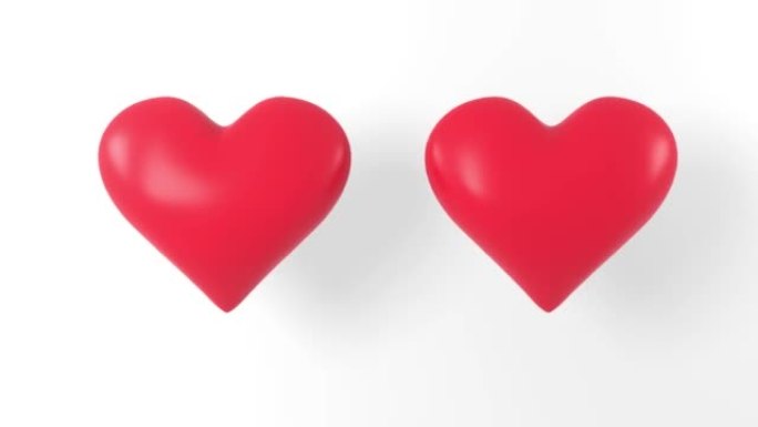 两颗红色的心在白色背景上跳动。爱，互惠的概念。