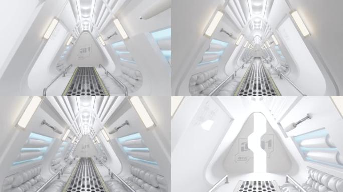 空间站或实验室用灰色装饰的走廊。未来派科幻和科技动画背景。