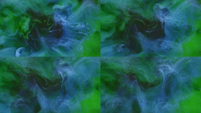 彩色流体混合烟雾云运动绿色蓝色墨水