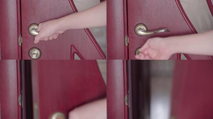 用门把手或门把手手动打开和关闭房间内的木门。握住门把手。曼斯打开和关闭一扇门。人开门