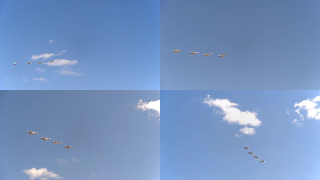 四架轰炸机Su-24在蓝天飞行
