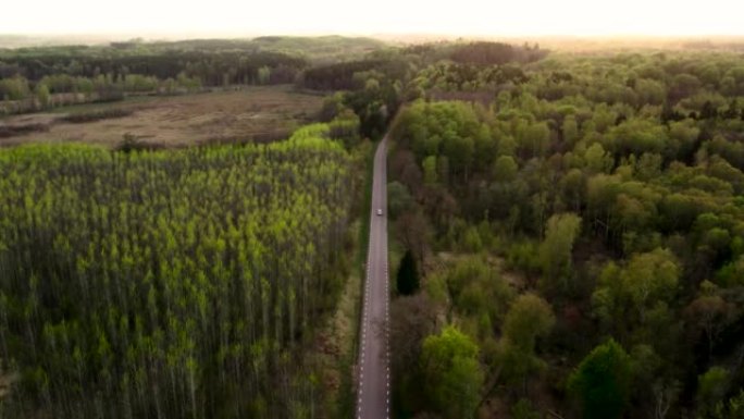 在瑞典神话般的森林中，孤独的汽车驶向日落后，电影的鸟瞰图