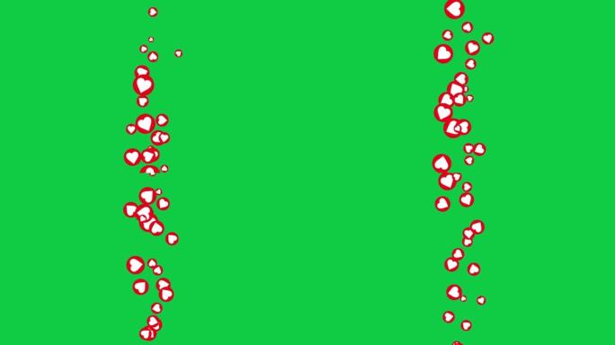 抽象动画3d发光霓虹灯红圈心旋转漂浮在绿色屏幕背景上。4k 3d无缝循环心，用于浪漫场合，婚礼，情人