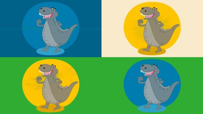黄色和蓝色装饰和绿色背景的大快乐恐龙-动画