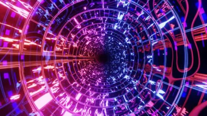 高科技霓虹灯科幻tunel。时尚的霓虹灯辉光线在镜面隧道中形成图案和结构。飞越技术网络空间。霓虹灯戒