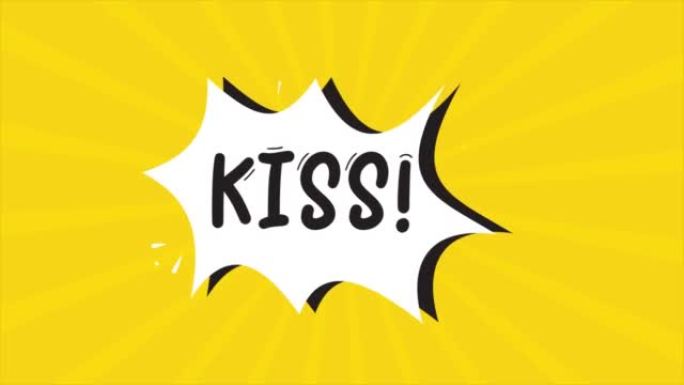 连环画卡通动画，出现Kiss一词。黄色和半色调背景，星形效果