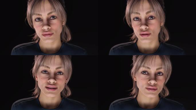 女人面部表情感兴趣的情感倾听沉思女孩特写3D动画循环