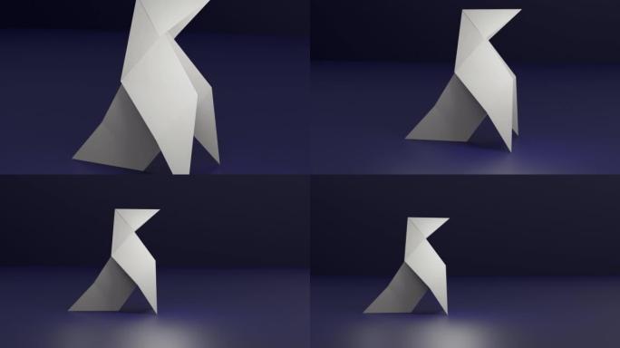 深蓝色背景上的白色经典折纸小鸟，带有复制空间。3D渲染动画
