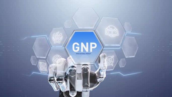 GNP国民生产总值机器人手触摸，触摸未来，界面技术，用户体验的未来，旅程和技术概念，数字屏幕界面