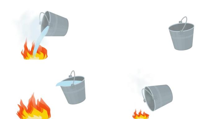消防。灭火用一桶水的动画。卡通