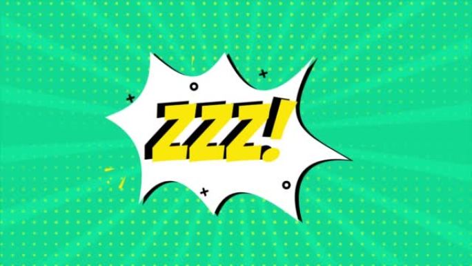 漫画卡通动画，出现Zzz一词。绿色和半色调背景，星形效果