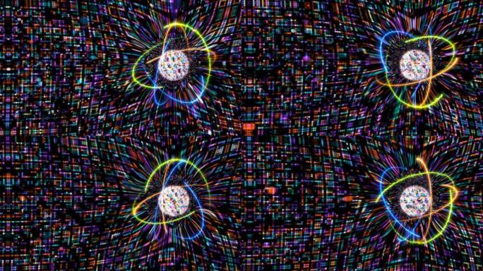 六边形动画抽象红橙黄紫罗兰水蓝色小光粒子球图案波形振荡，可视化波技术数字表面背景