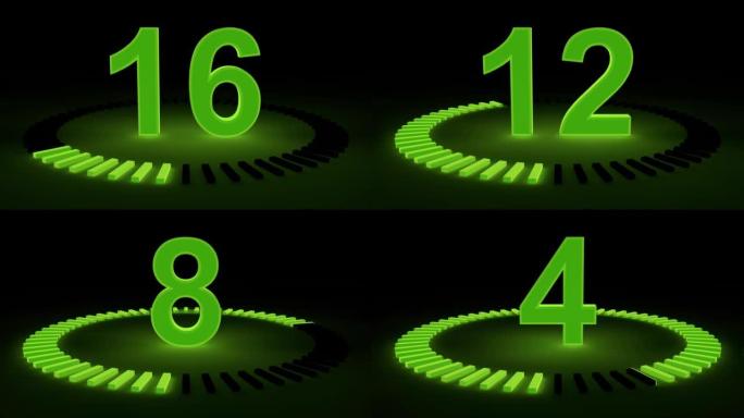 倒计时20秒。20到0秒。4k大小的动画。它发出绿色60次。黑色背景。