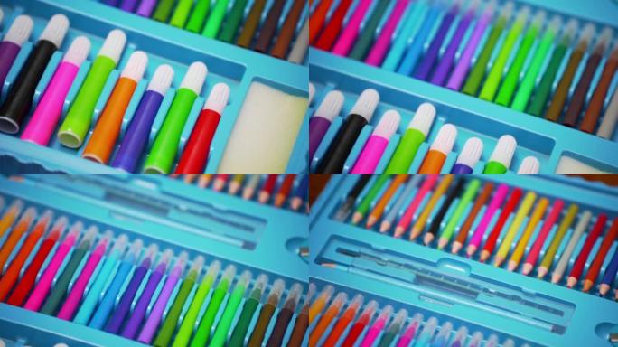 一套多色记号笔和铅笔。学校用品。绘画课培养人才艺术创造力。明亮多彩的彩虹标记。
