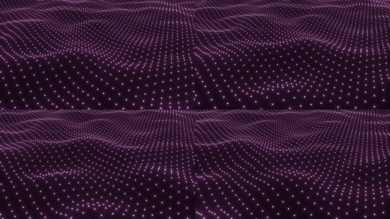 紫罗兰色发光的表面是网络空间或全息图中的未来景观。4k无缝循环抽象背景的辉光粒子。微观世界，纳米技术