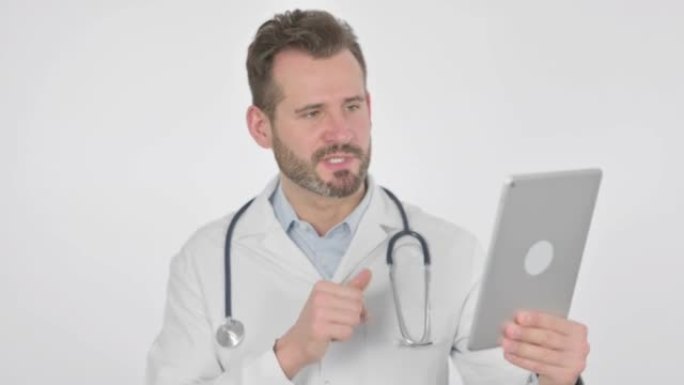 Portrait of Middle Aged Doctor doing Video Chat on