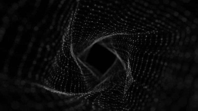 黑色背景上的抽象动态线框隧道。深波浪虫洞。未来主义粒子流。3d渲染。