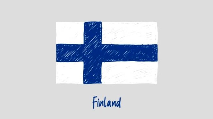 芬兰国旗标记白板或铅笔彩色素描循环动画