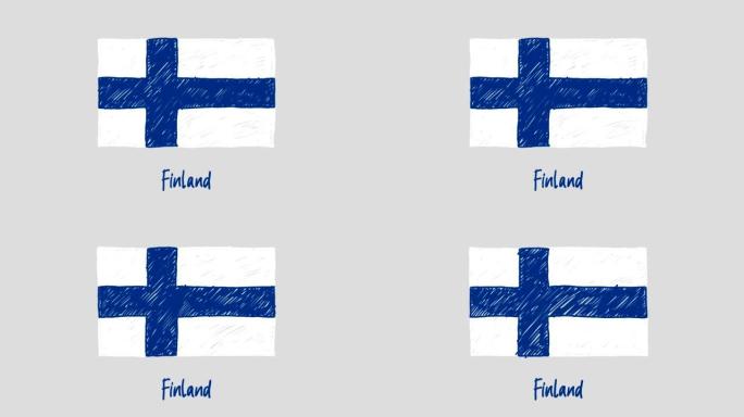 芬兰国旗标记白板或铅笔彩色素描循环动画