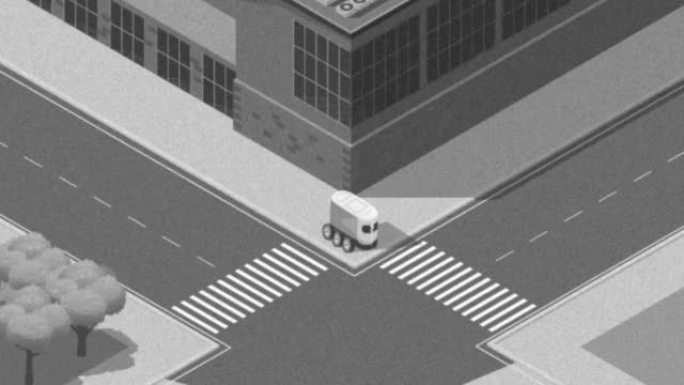 自主送货机器人过马路2D黑白动画。智能传感技术。