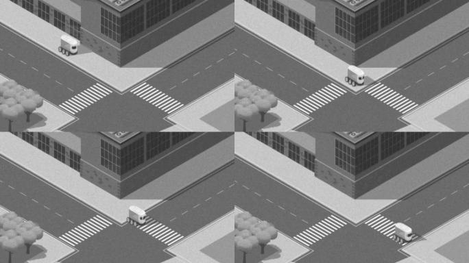 自主送货机器人过马路2D黑白动画。智能传感技术。