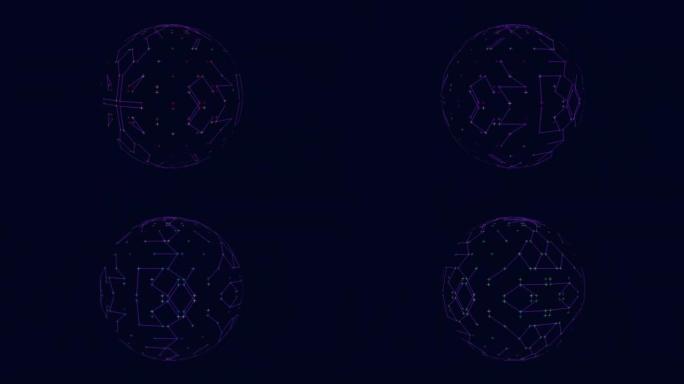霓虹灯未来派球体在黑暗空间上具有连通的交叉和线条