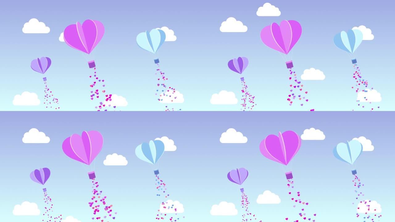 心型气球飞过云层上有心粒的天空 (无缝循环)